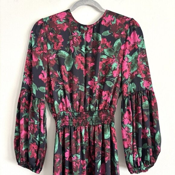 NEW MISA Los Angeles Simone Black and Pink Floral Satin Midi Dress Women’s Small - Picture 3 of 12